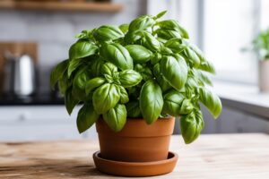 Basil in a pot in the kitchen, blurry kitchen in the background. Generated by artificial intelligence